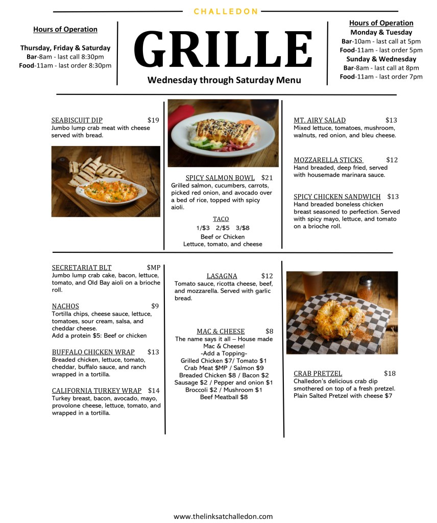 Wednesday through Saturday menu page one